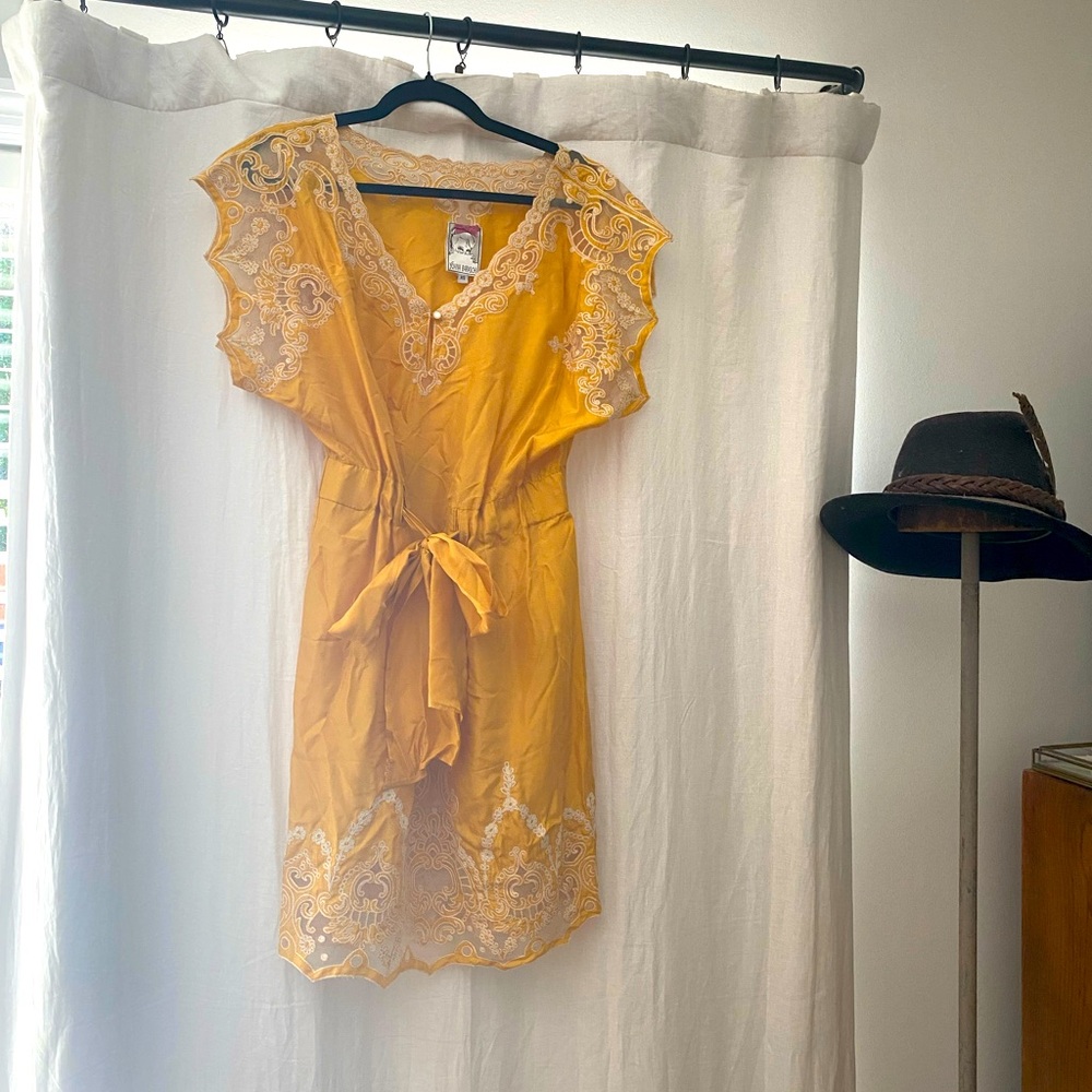 Yoana Baraschi Golden Yellow Dress with Matching Tie 100% Silk XSmall